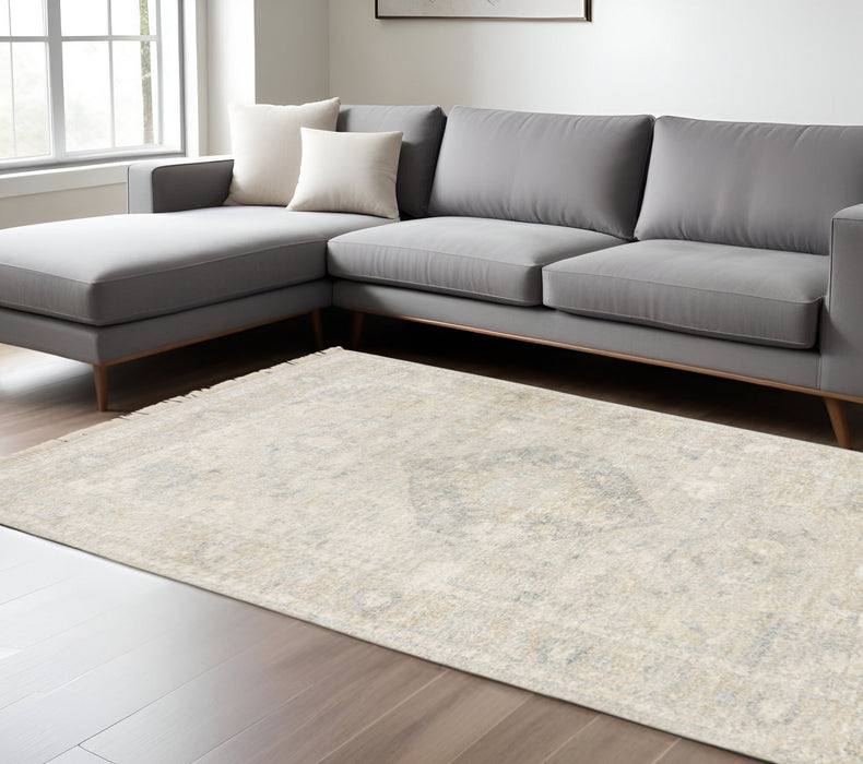 10' X 13' Beige And Grey Oriental Hand Loomed Stain Resistant Area Rug With Fringe