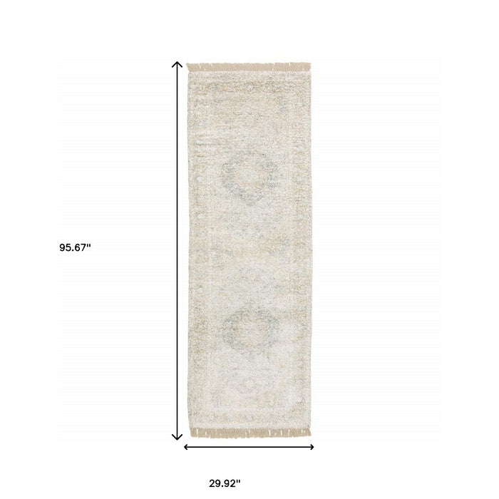 8' Beige and Ivory Oriental Hand Loomed Runner Rug With Fringe