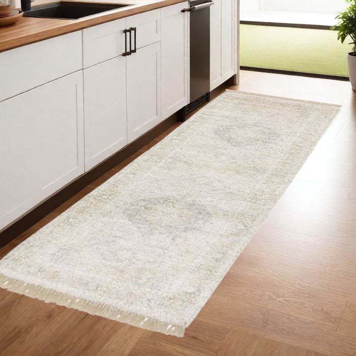 8' Beige and Ivory Oriental Hand Loomed Runner Rug With Fringe