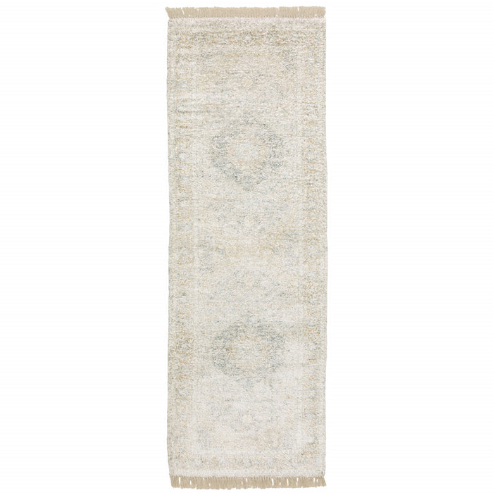 8' Beige and Ivory Oriental Hand Loomed Runner Rug With Fringe