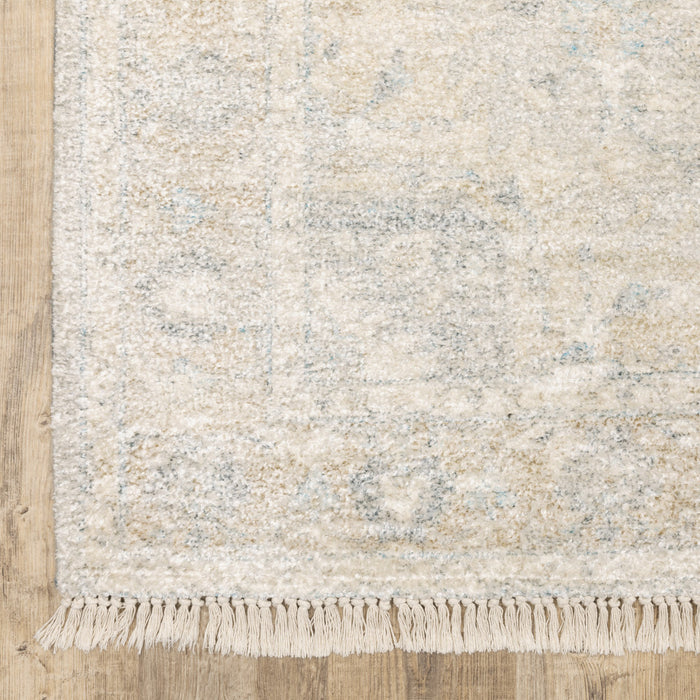 8' Beige and Ivory Oriental Hand Loomed Runner Rug With Fringe