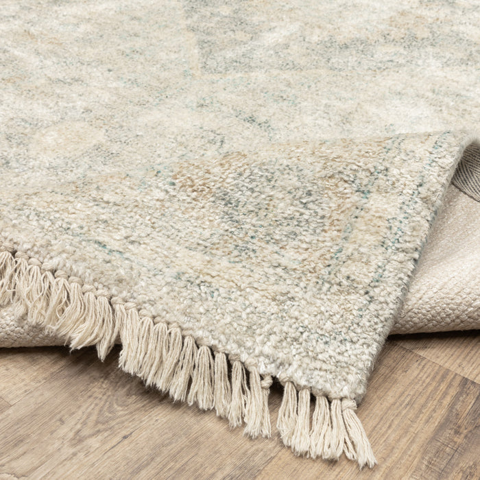 8' Beige and Ivory Oriental Hand Loomed Runner Rug With Fringe