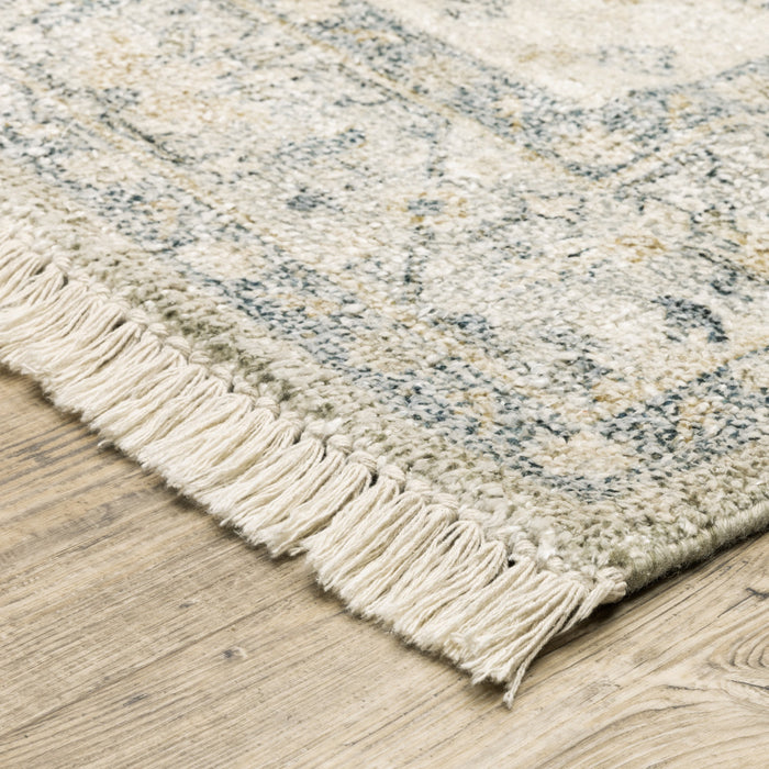 10' X 13' Beige And Charcoal Oriental Hand Loomed Stain Resistant Area Rug With Fringe