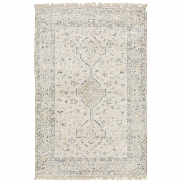 5' X 8' Beige And Charcoal Oriental Hand Loomed Stain Resistant Area Rug With Fringe