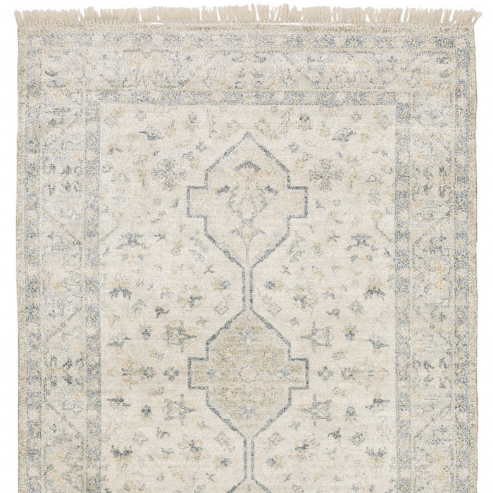 8' X 10' Beige And Charcoal Oriental Hand Loomed Stain Resistant Area Rug With Fringe