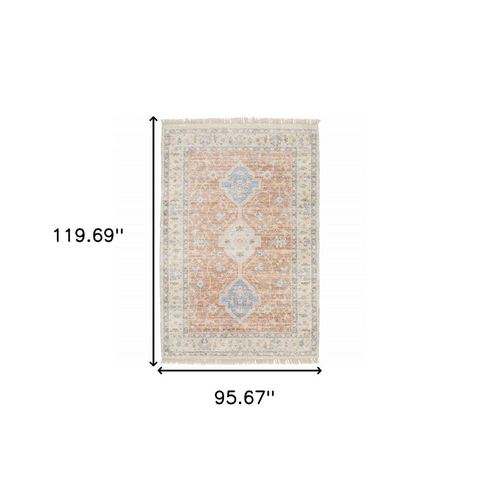 8' X 10' Blue and Orange Oriental Hand Loomed Area Rug With Fringe