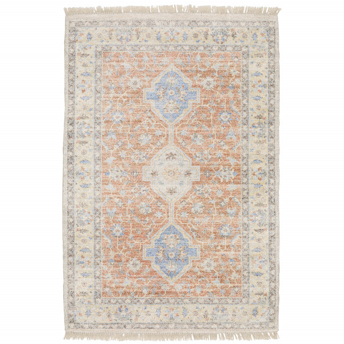 8' X 10' Blue and Orange Oriental Hand Loomed Area Rug With Fringe