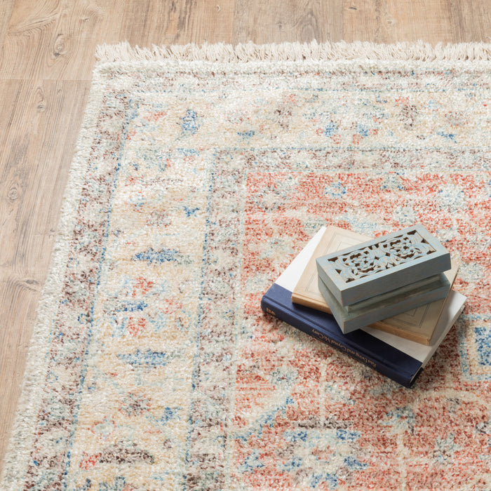 8' X 10' Blue and Orange Oriental Hand Loomed Area Rug With Fringe