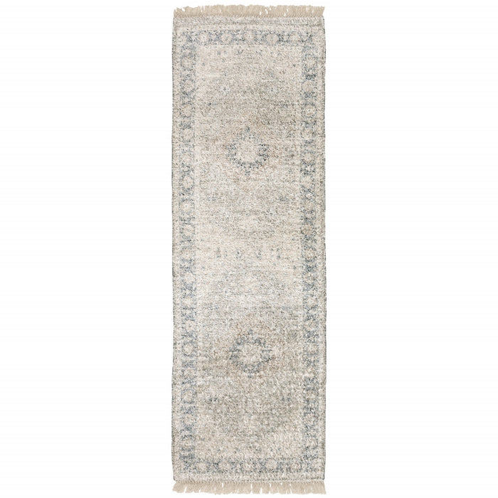 8' Beige and Ivory Oriental Hand Loomed Runner Rug With Fringe