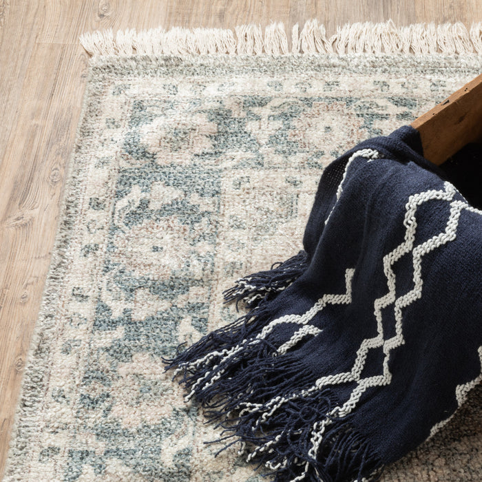 8' Beige and Ivory Oriental Hand Loomed Runner Rug With Fringe