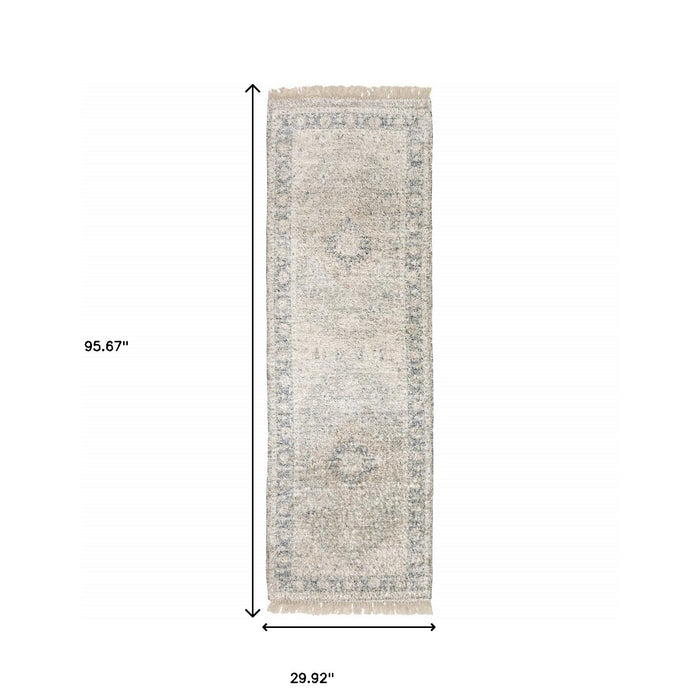 8' Beige and Ivory Oriental Hand Loomed Runner Rug With Fringe