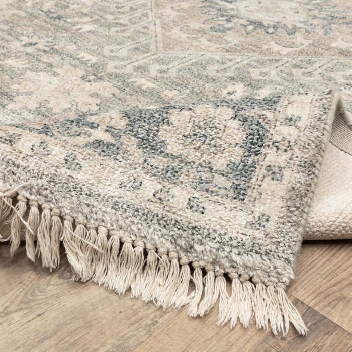 8' Beige and Ivory Oriental Hand Loomed Runner Rug With Fringe