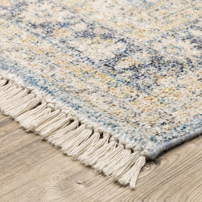 5' X 8' Blue And Beige Oriental Hand Loomed Stain Resistant Area Rug With Fringe