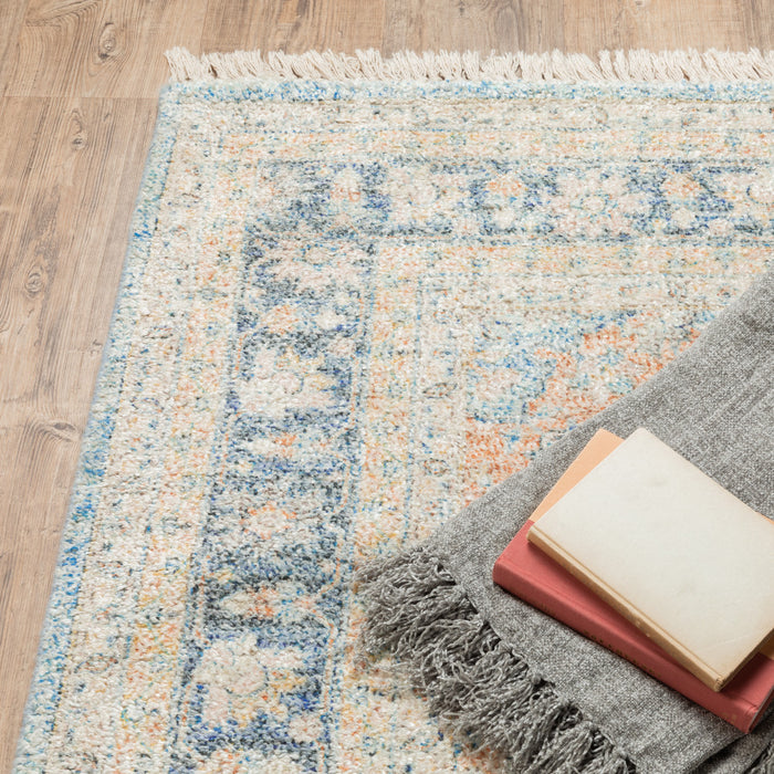 5' X 8' Blue And Beige Oriental Hand Loomed Stain Resistant Area Rug With Fringe