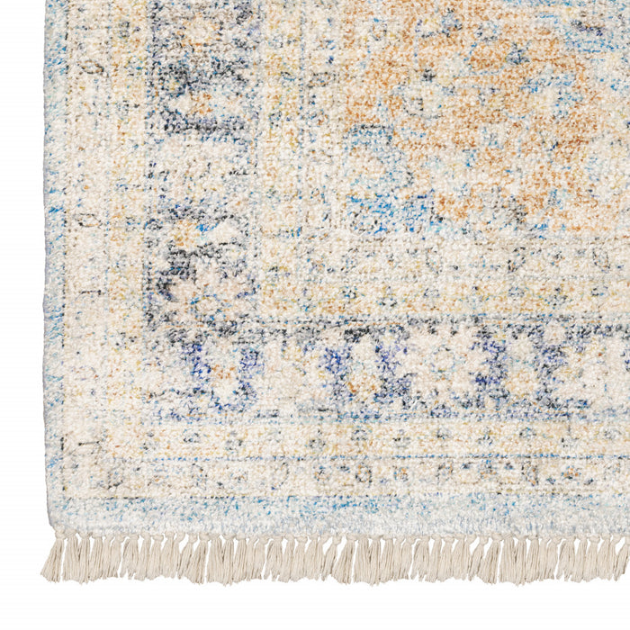 5' X 8' Blue And Beige Oriental Hand Loomed Stain Resistant Area Rug With Fringe