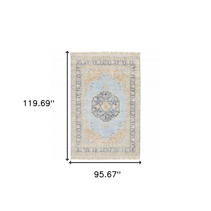 8' X 10' Blue And Beige Oriental Hand Loomed Stain Resistant Area Rug With Fringe