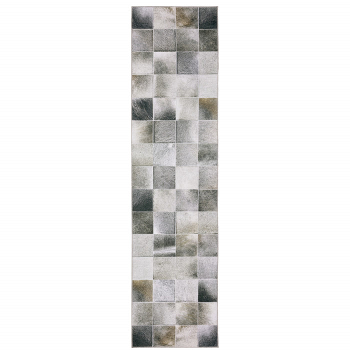 8' Gray Brown and Ivory Geometric Power Loom Runner Rug