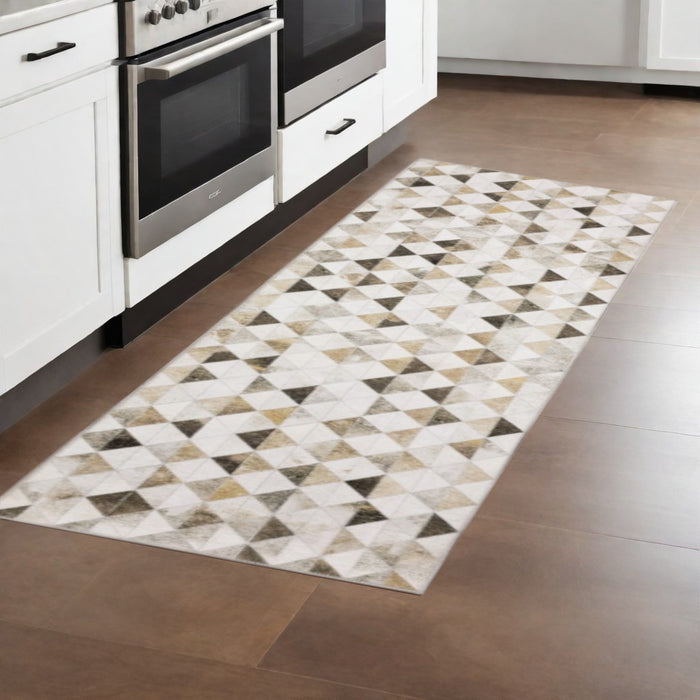 8' Beige and Ivory Geometric Power Loom Runner Rug