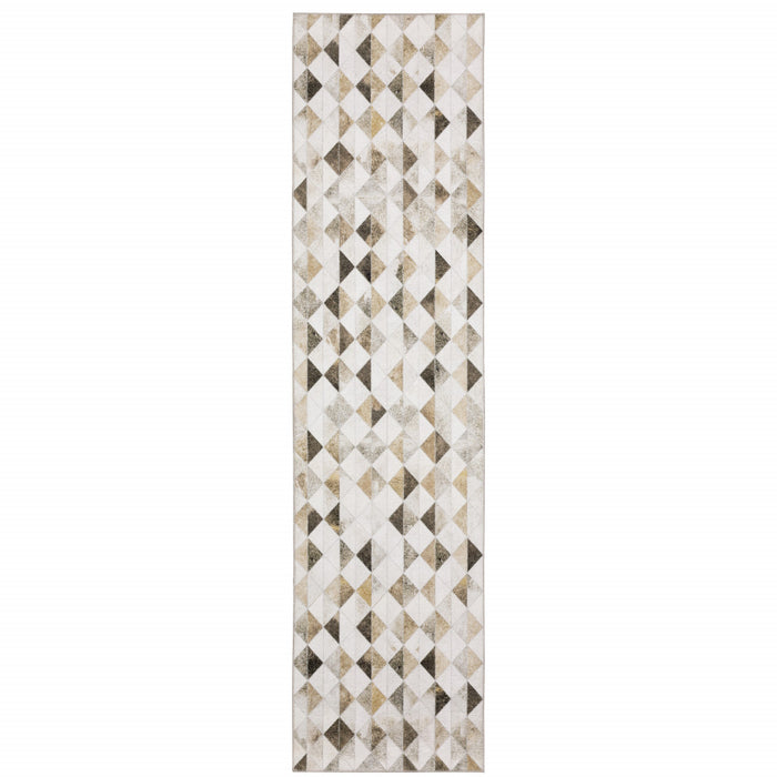 8' Beige and Ivory Geometric Power Loom Runner Rug