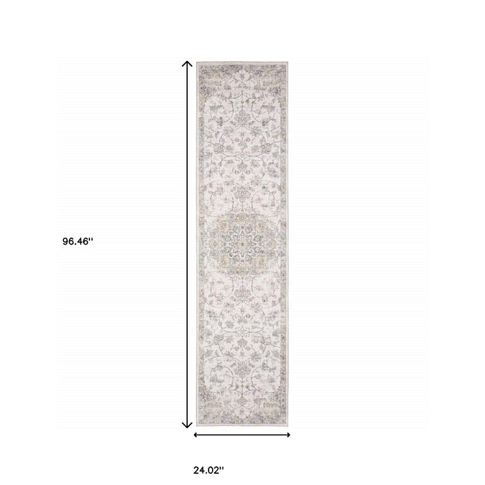 8' Beige and Ivory Oriental Power Loom Runner Rug