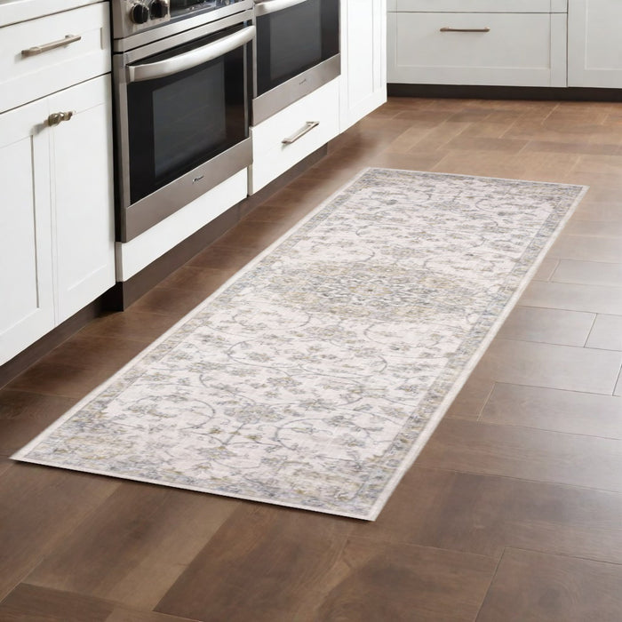 8' Beige and Ivory Oriental Power Loom Runner Rug