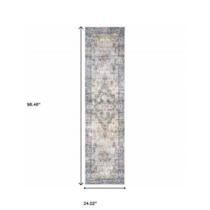 8' Blue and Ivory Oriental Power Loom Runner Rug