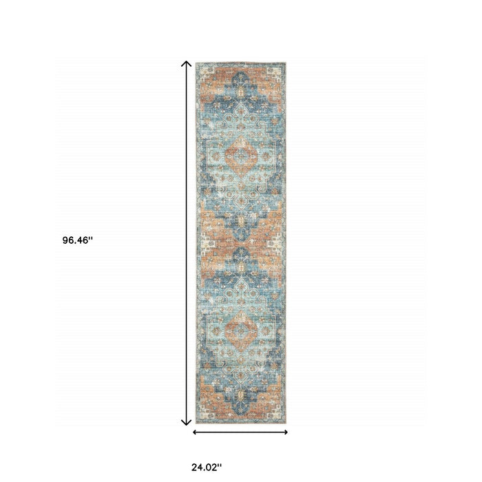 8' Blue and Orange Oriental Power Loom Runner Rug