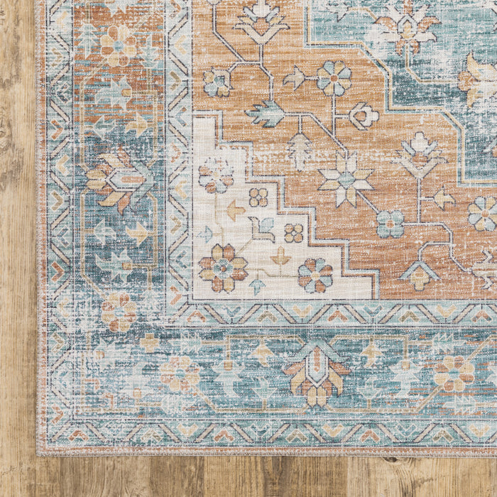 8' Blue and Orange Oriental Power Loom Runner Rug