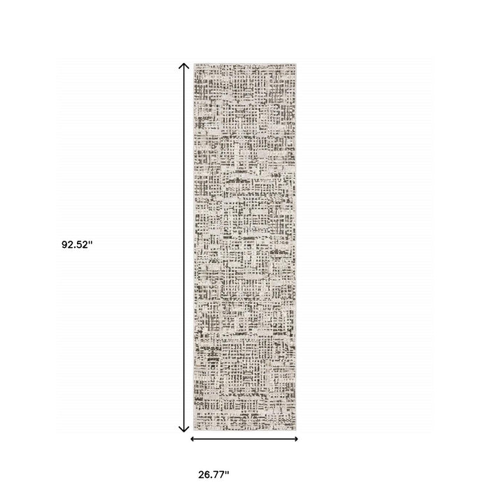 2' X 8' Ivory Grey Charcoal Brown And Beige Abstract Power Loom Stain Resistant Runner Rug