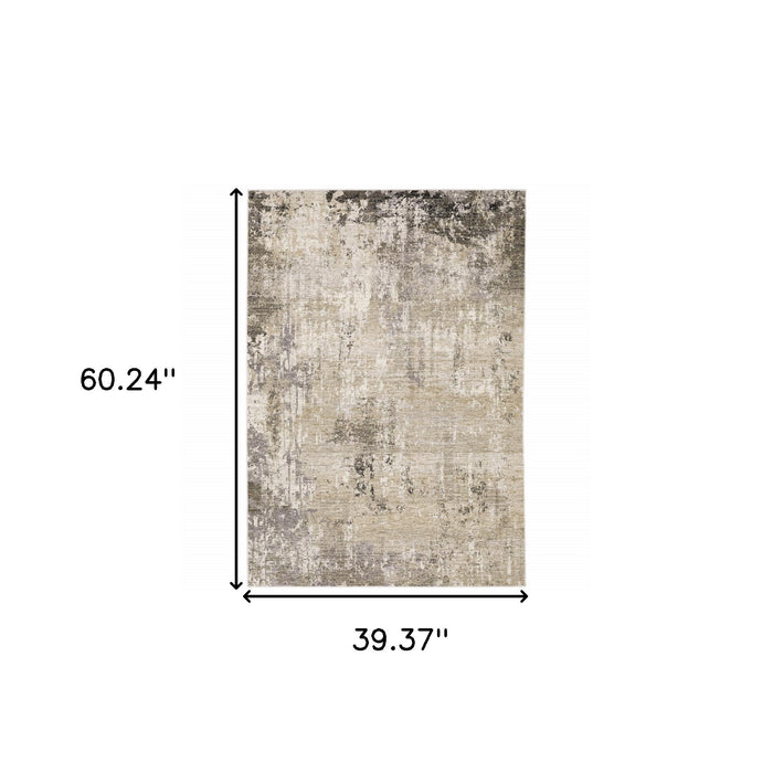 3' X 5' Beige Grey Ivory Tan And Brown Abstract Power Loom Stain Resistant Area Rug