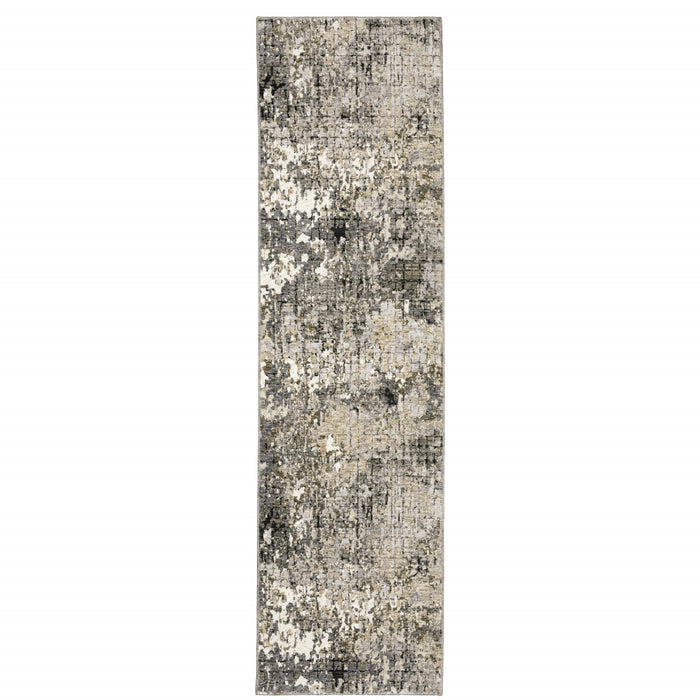 2' X 8' Grey Ivory Beige Charcoal Black Tan And Brown Abstract Power Loom Stain Resistant Runner Rug