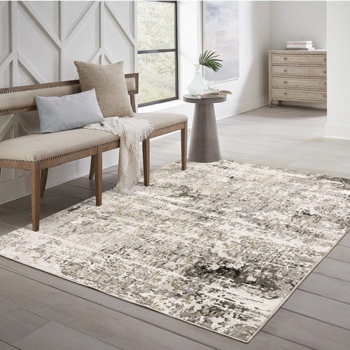 3' X 5' Grey Ivory Beige Charcoal Black Tan And Brown Abstract Power Loom Stain Resistant Area Rug