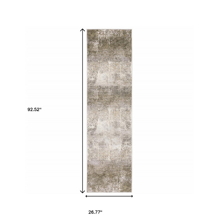 2' X 8' Ivory Grey Tan Brown And Beige Abstract Power Loom Stain Resistant Runner Rug