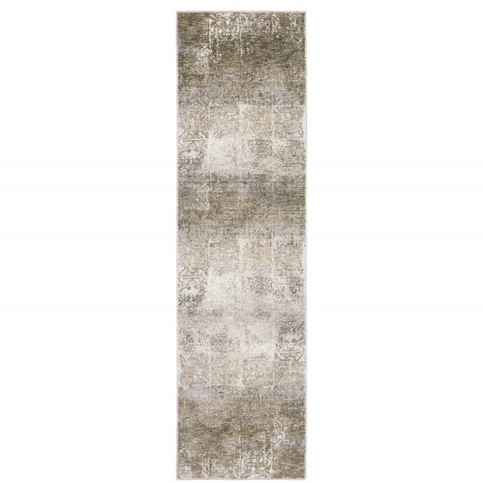 2' X 8' Ivory Grey Tan Brown And Beige Abstract Power Loom Stain Resistant Runner Rug