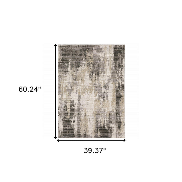 3' X 5' Grey Beige Charcoal Brown Tan And Ivory Abstract Power Loom Stain Resistant Area Rug