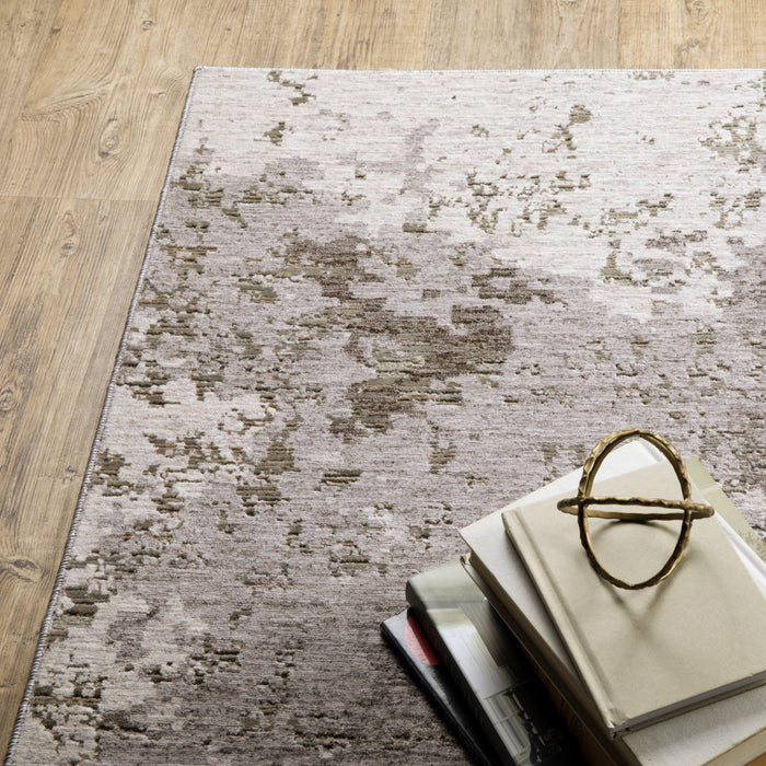 10' X 13' Grey Ivory Beige Tan Brown And Black Abstract Power Loom Stain Resistant Area Rug