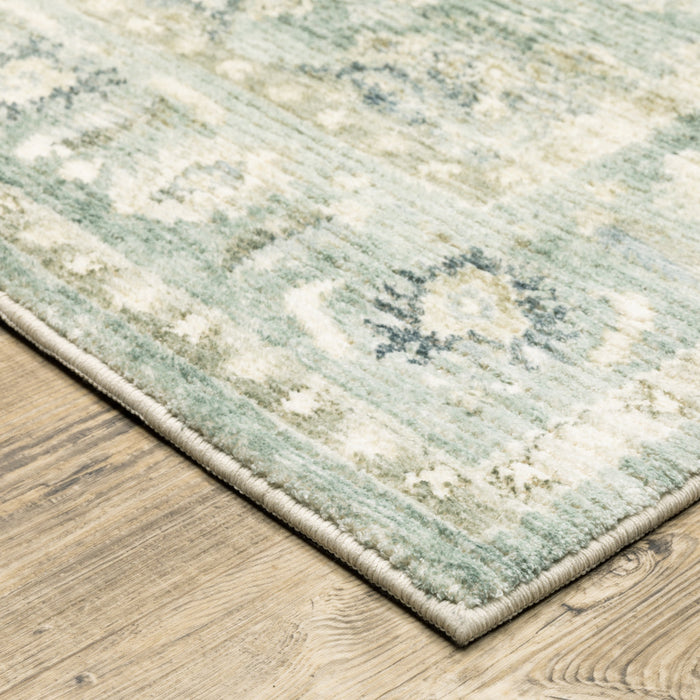 8' X 10' Green And Ivory Oriental Power Loom Stain Resistant Area Rug