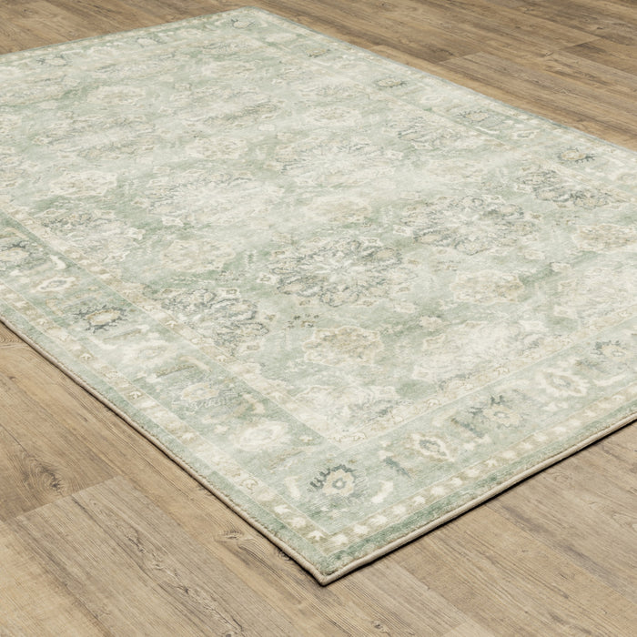 8' X 10' Green And Ivory Oriental Power Loom Stain Resistant Area Rug