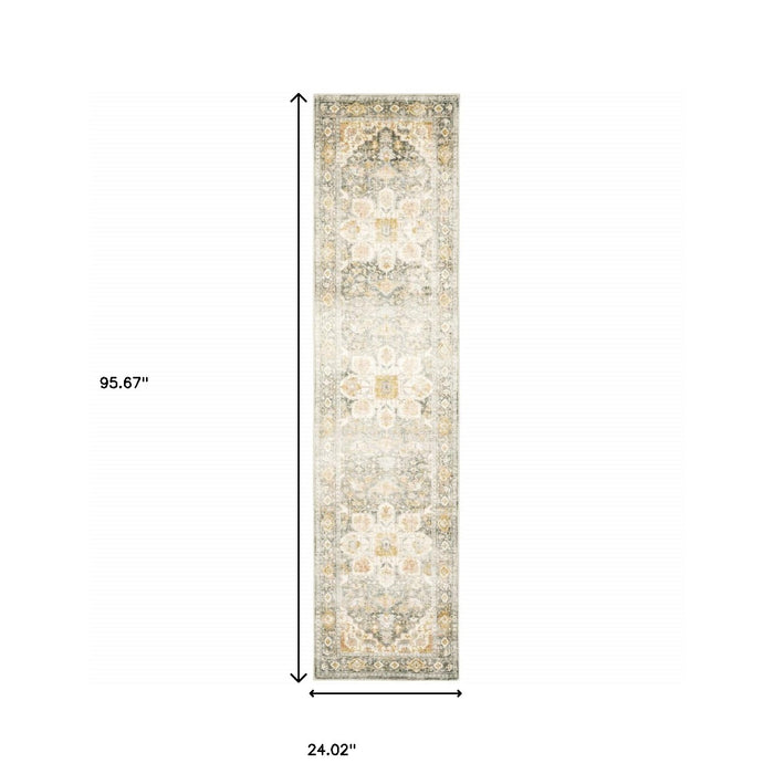 2' X 8' Gray And Ivory Oriental Power Loom Stain Resistant Runner Rug