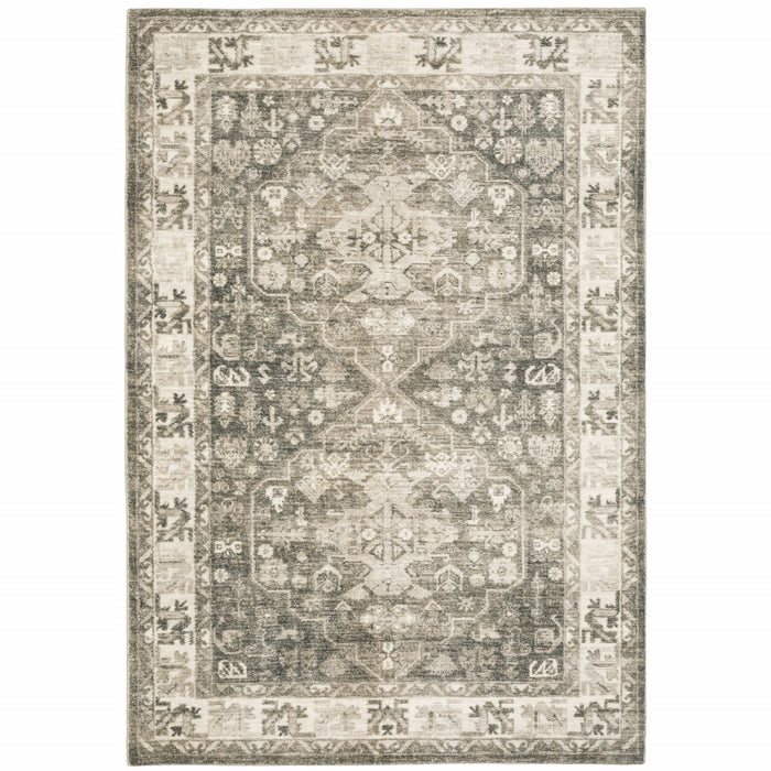 5' X 7' Grey Ivory Tan And Beige Oriental Power Loom Stain Resistant Area Rug