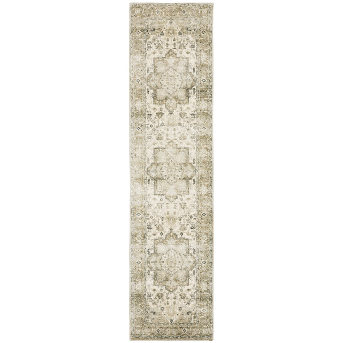 8' Tan and Ivory Oriental Power Loom Runner Rug