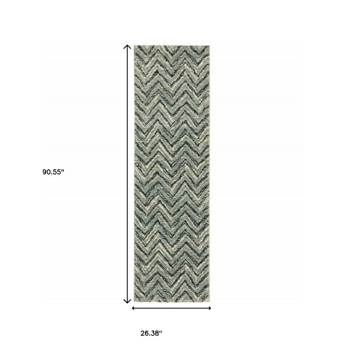 2' X 8' Blue Ivory Grey Beige And Light Blue Geometric Power Loom Stain Resistant Runner Rug