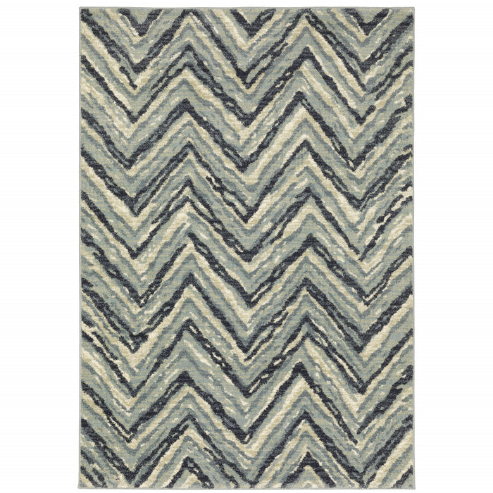 2' X 3' Blue Ivory Grey Beige And Light Blue Geometric Power Loom Stain Resistant Area Rug