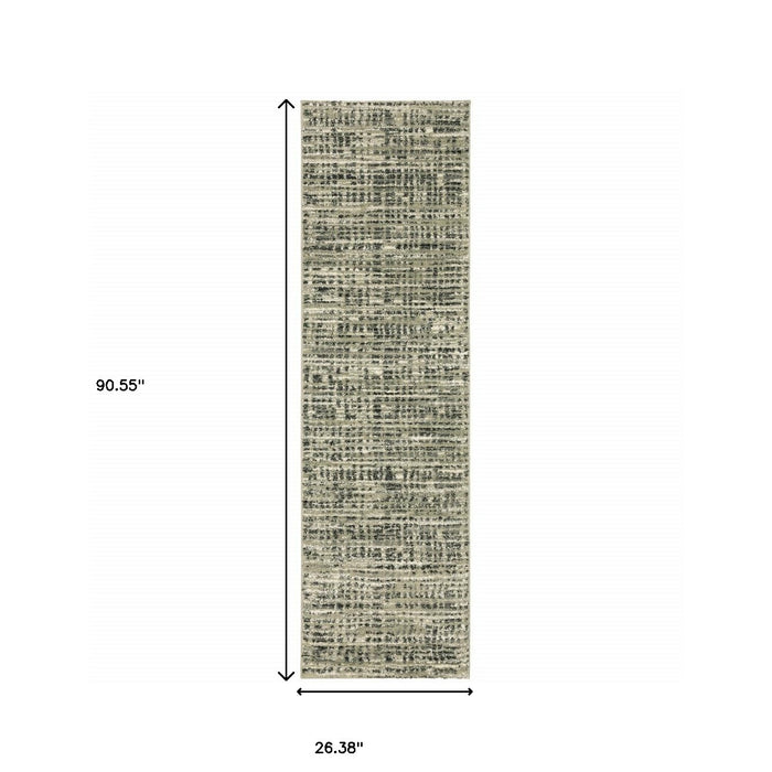 2' X 8' Beige Grey Ivory And Sage Blue Geometric Power Loom Stain Resistant Runner Rug