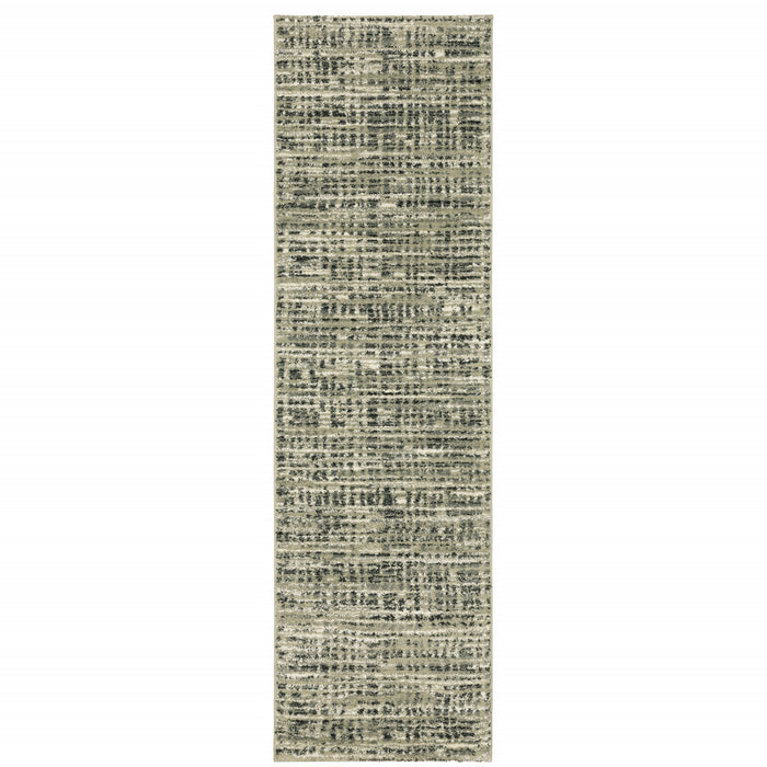 2' X 8' Beige Grey Ivory And Sage Blue Geometric Power Loom Stain Resistant Runner Rug