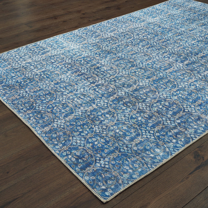 5' X 8' Blue And Brown Floral Power Loom Stain Resistant Area Rug