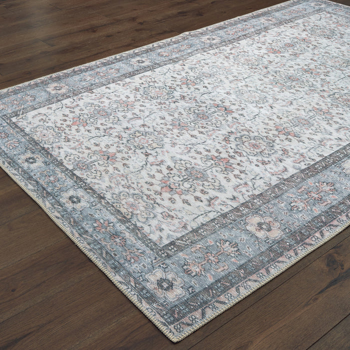 4' X 6' Ivory And Blue Oriental Power Loom Stain Resistant Area Rug