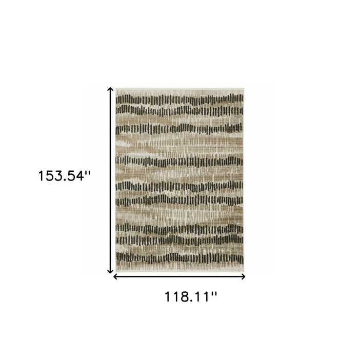 10' X 13' Beige Ivory Charcoal Brown Tan And Grey Abstract Power Loom Stain Resistant Area Rug With Fringe