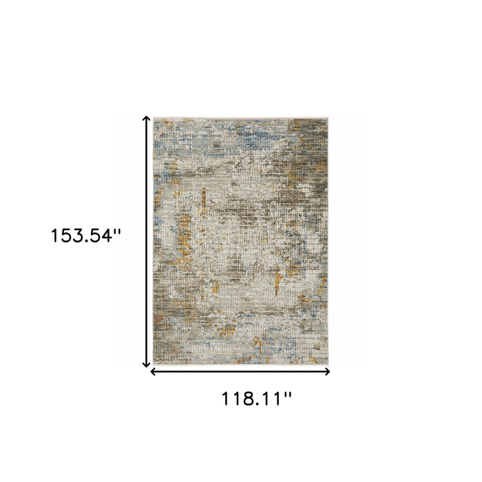 10' X 13' Beige Grey Brown Gold Red And Blue Abstract Power Loom Stain Resistant Area Rug With Fringe