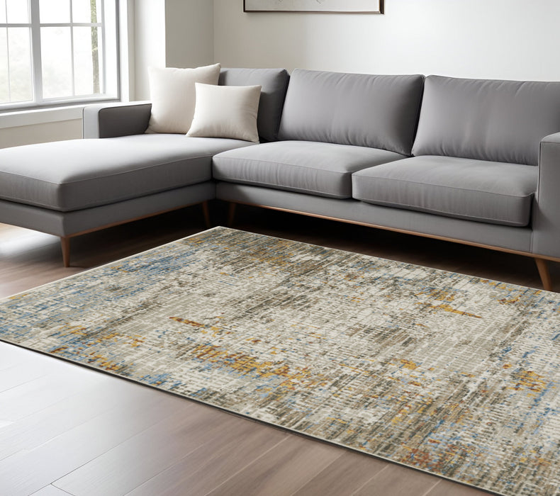 10' X 13' Beige Grey Brown Gold Red And Blue Abstract Power Loom Stain Resistant Area Rug With Fringe